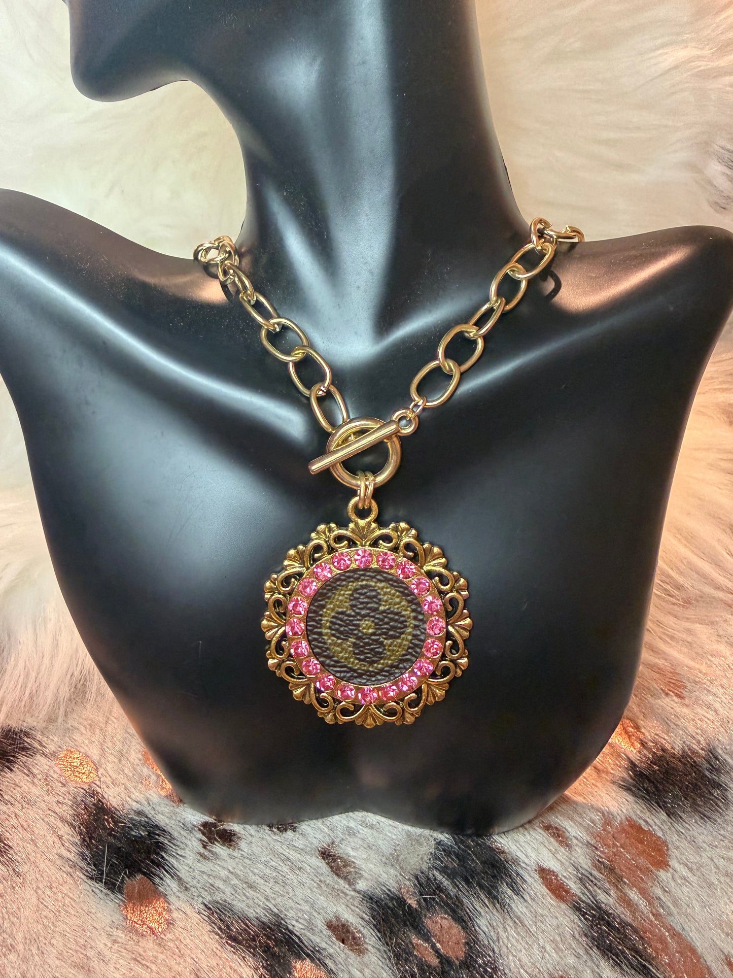 Upcycled LV Gold Toggle Pink Crystal Necklace
