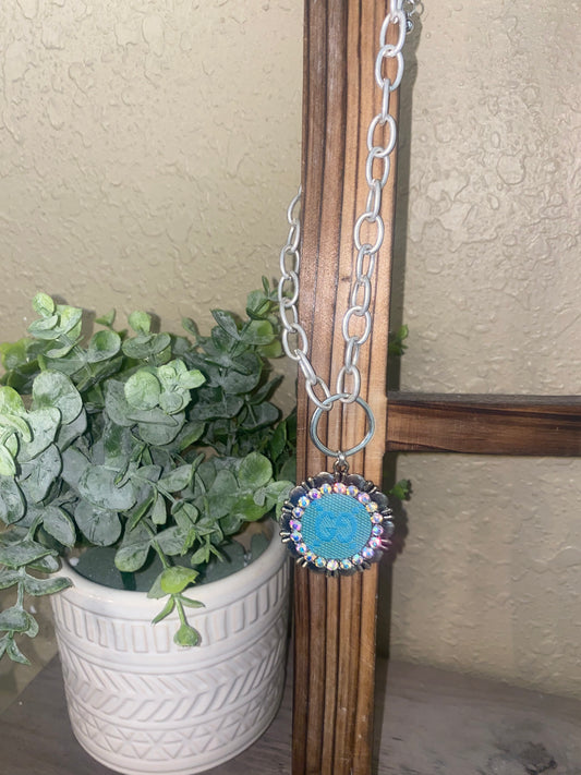 Upcycled Aqua GG on Silver Chain Necklace