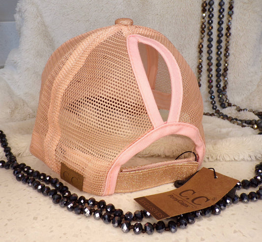 Upcycled LV Ponytail Hat -Rose Gold Glitter