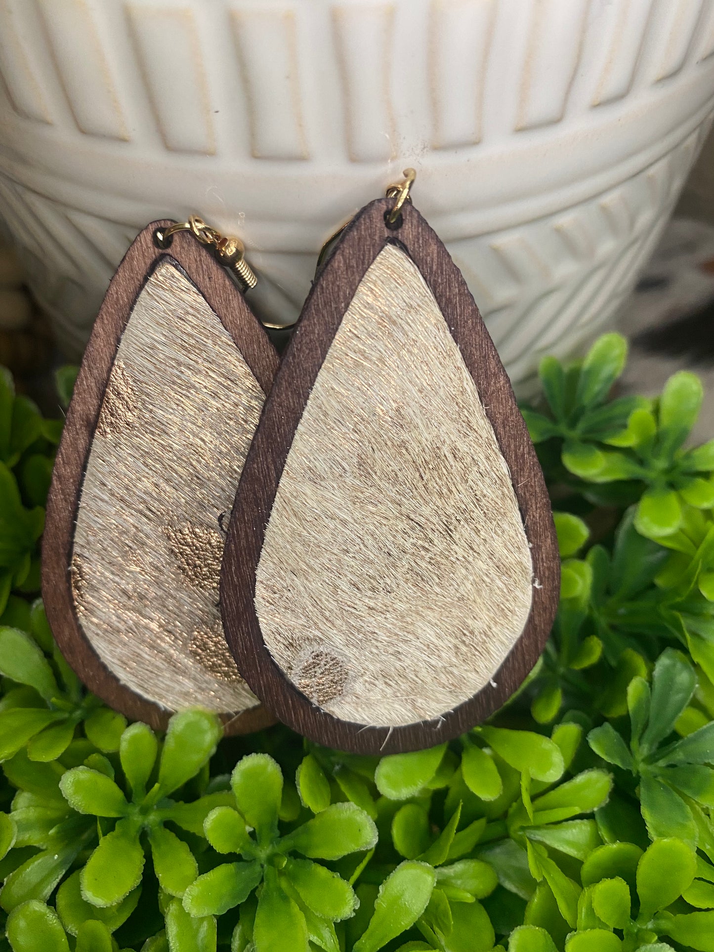 Cowhide and Wood Drop Earrings