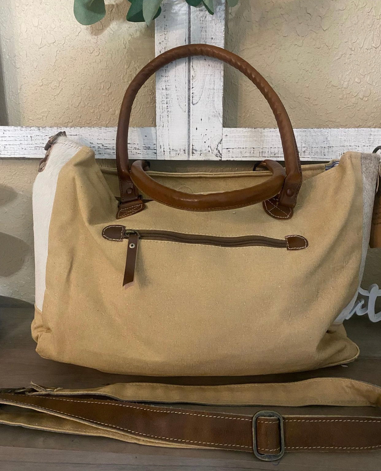 Clea Ray Fabric Tote with Cowhide Trime