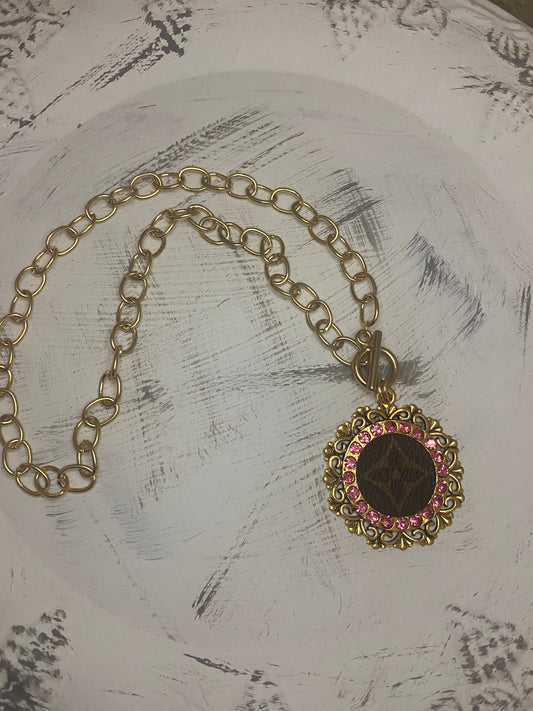 Upcycled LV Gold Toggle Pink Crystal Necklace