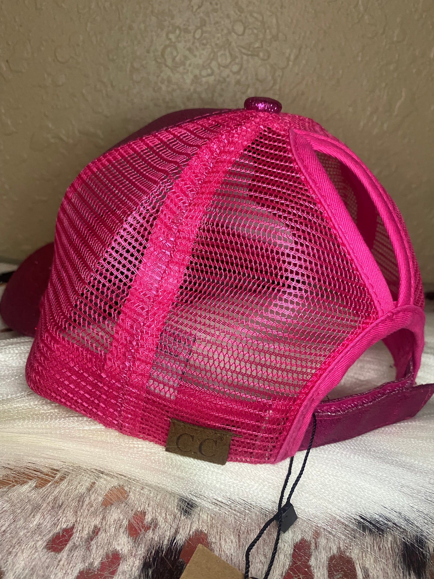 Upcycled LV Ponytail Hat- Pink Glitter