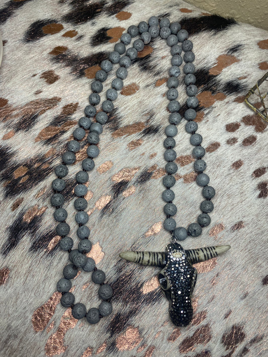 Grey Natural Stone Necklace with Bling Steer-head