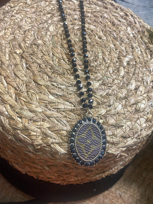 Upcycled LV Black Stone Beaded Necklace