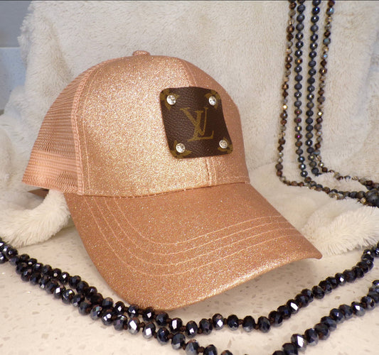 Upcycled LV Ponytail Hat -Rose Gold Glitter