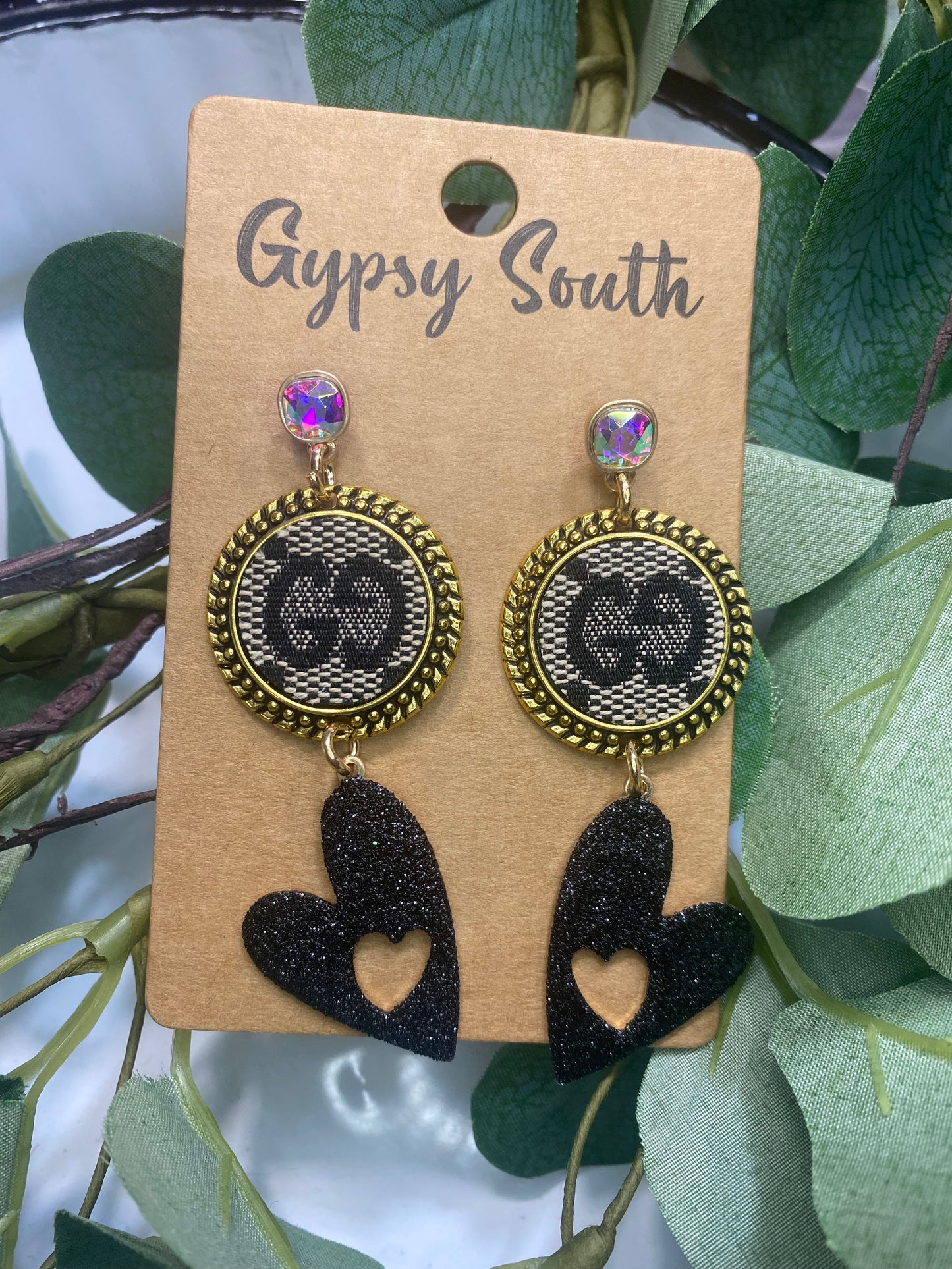 Upcycled GG Black Dangle Heart Earrings