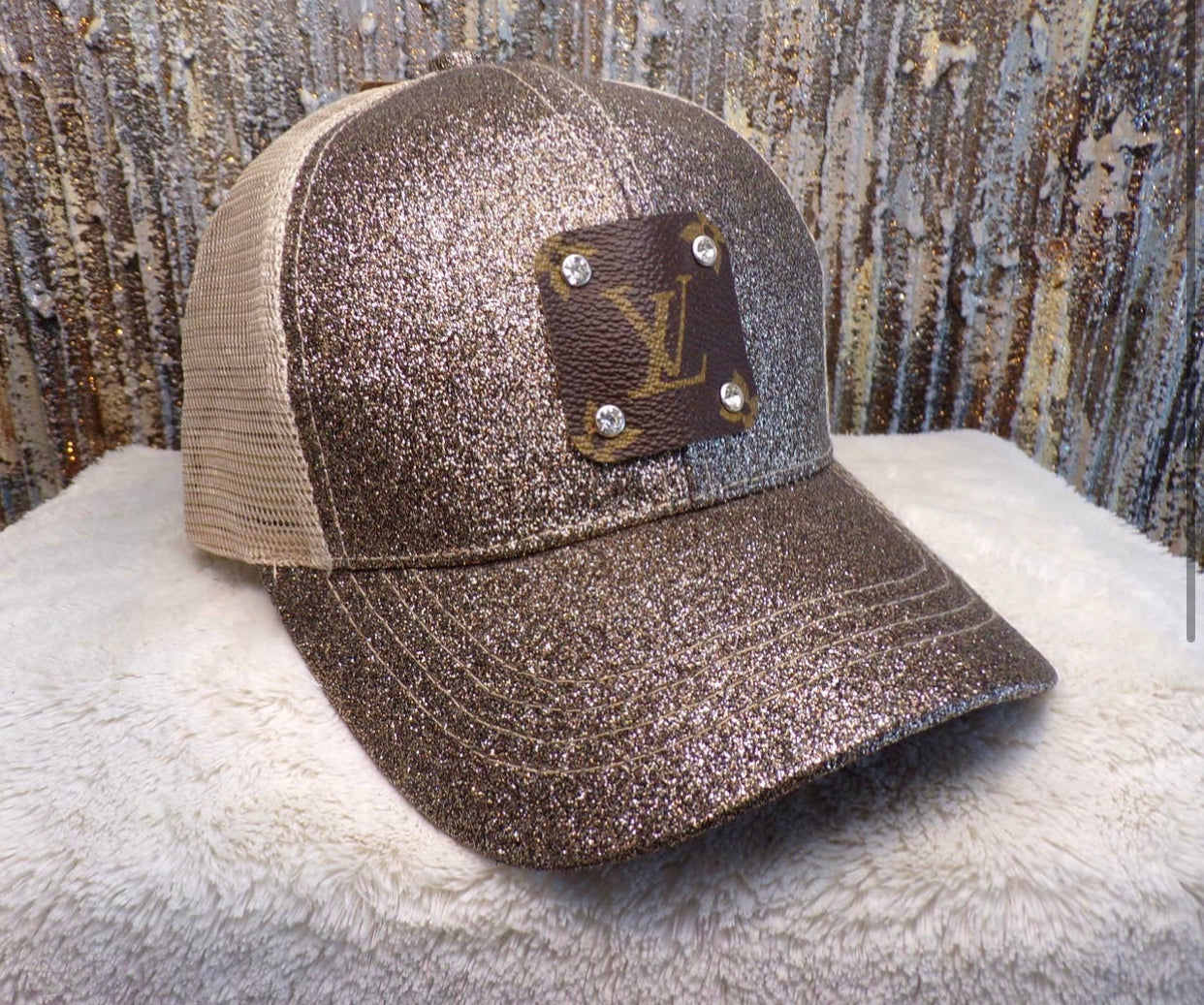 Upcycled LV Hat- Brown Glitter