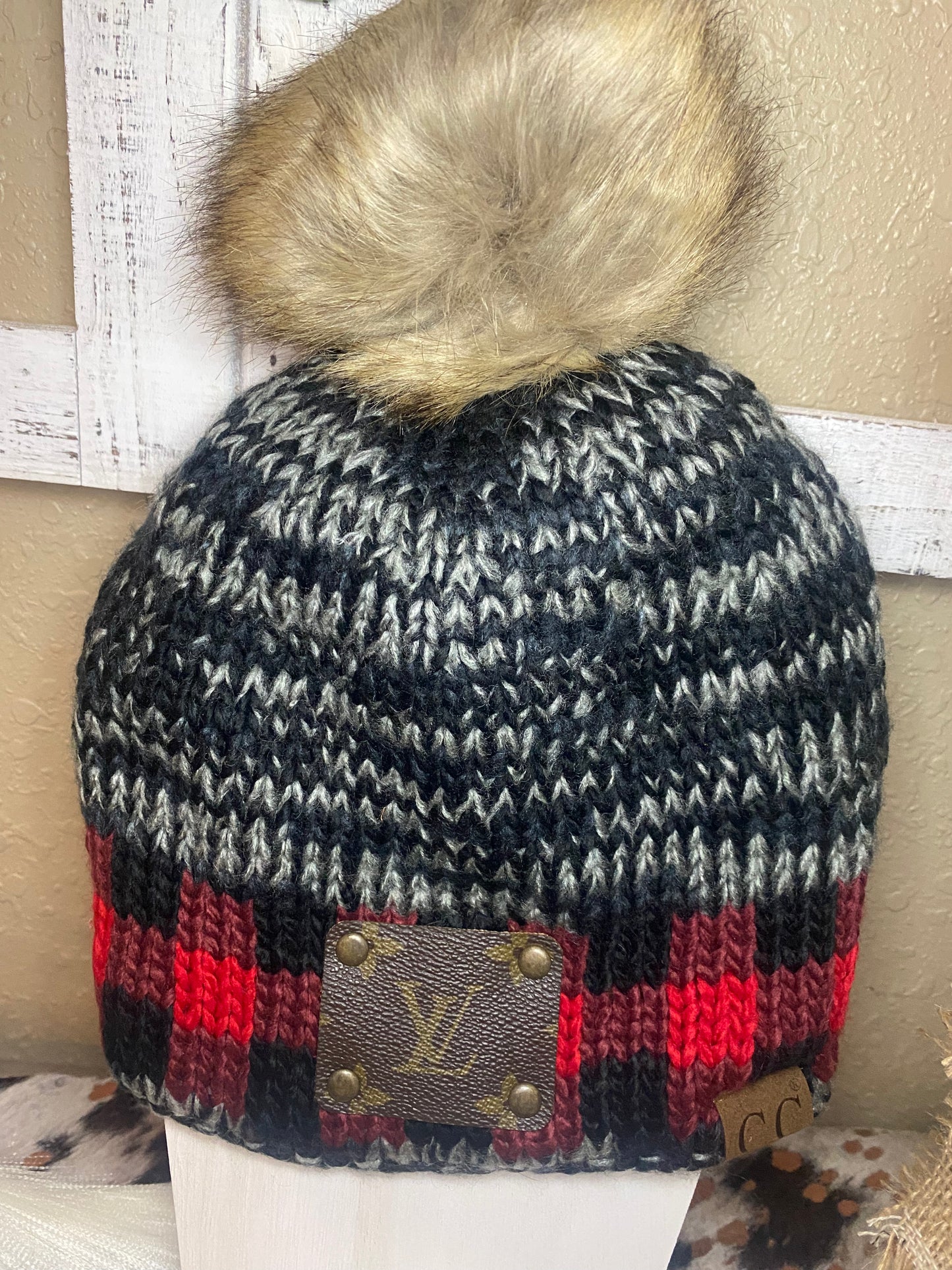 Upcycled LV Plaid Beanie with pom-pom