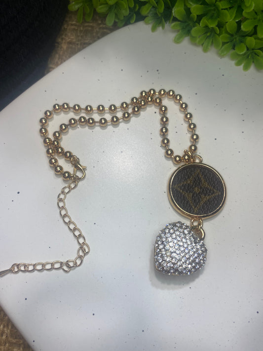 Upcycled LV Rhinestone Heart Necklace