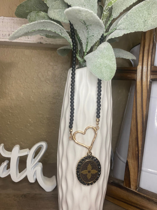 Upcycled LV Heart on Black Bead Necklace