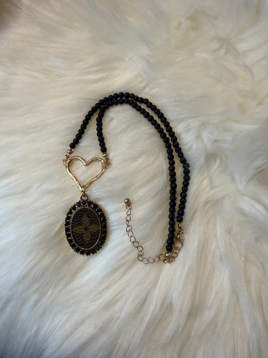 Upcycled LV Heart on Black Bead Necklace