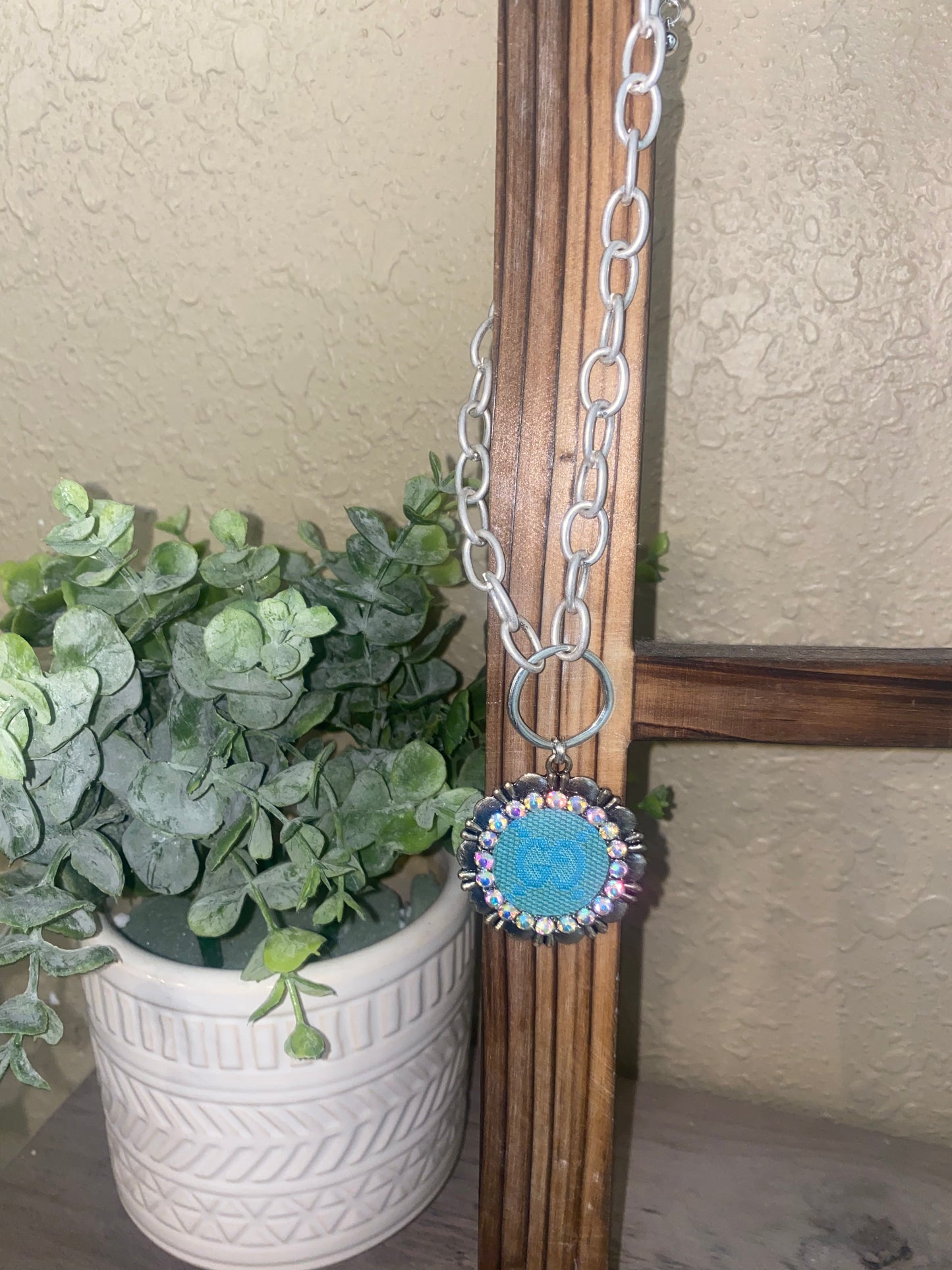 Upcycled Aqua GG on Silver Chain Necklace