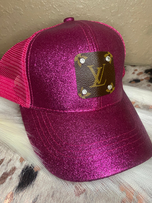 Upcycled LV Ponytail Hat- Pink Glitter