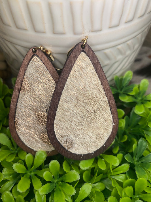 Cowhide and Wood Drop Earrings