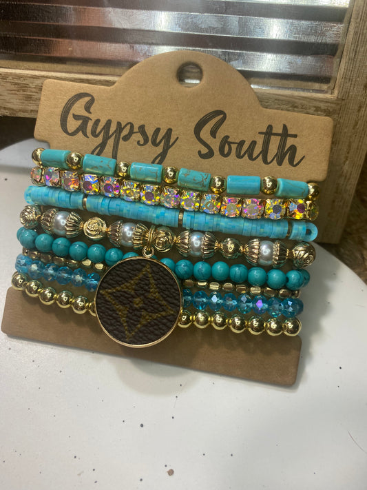 Upcycled LV Blue and Gold Bracelet Stack