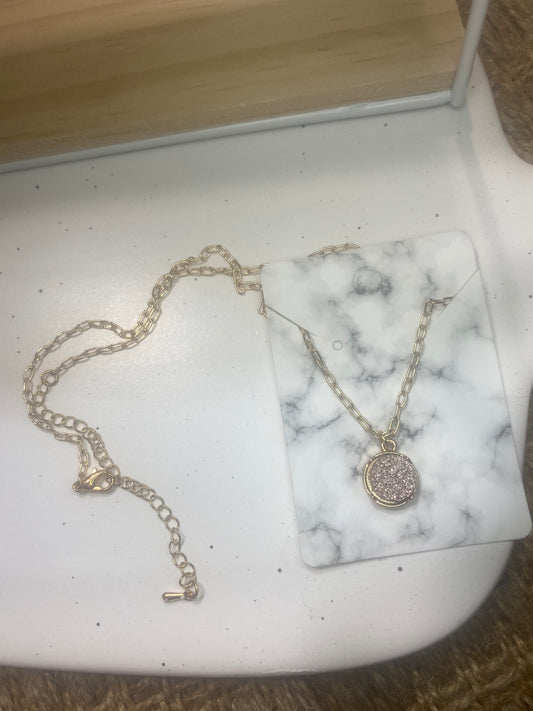 Round Druzy Pink and Gold Necklace