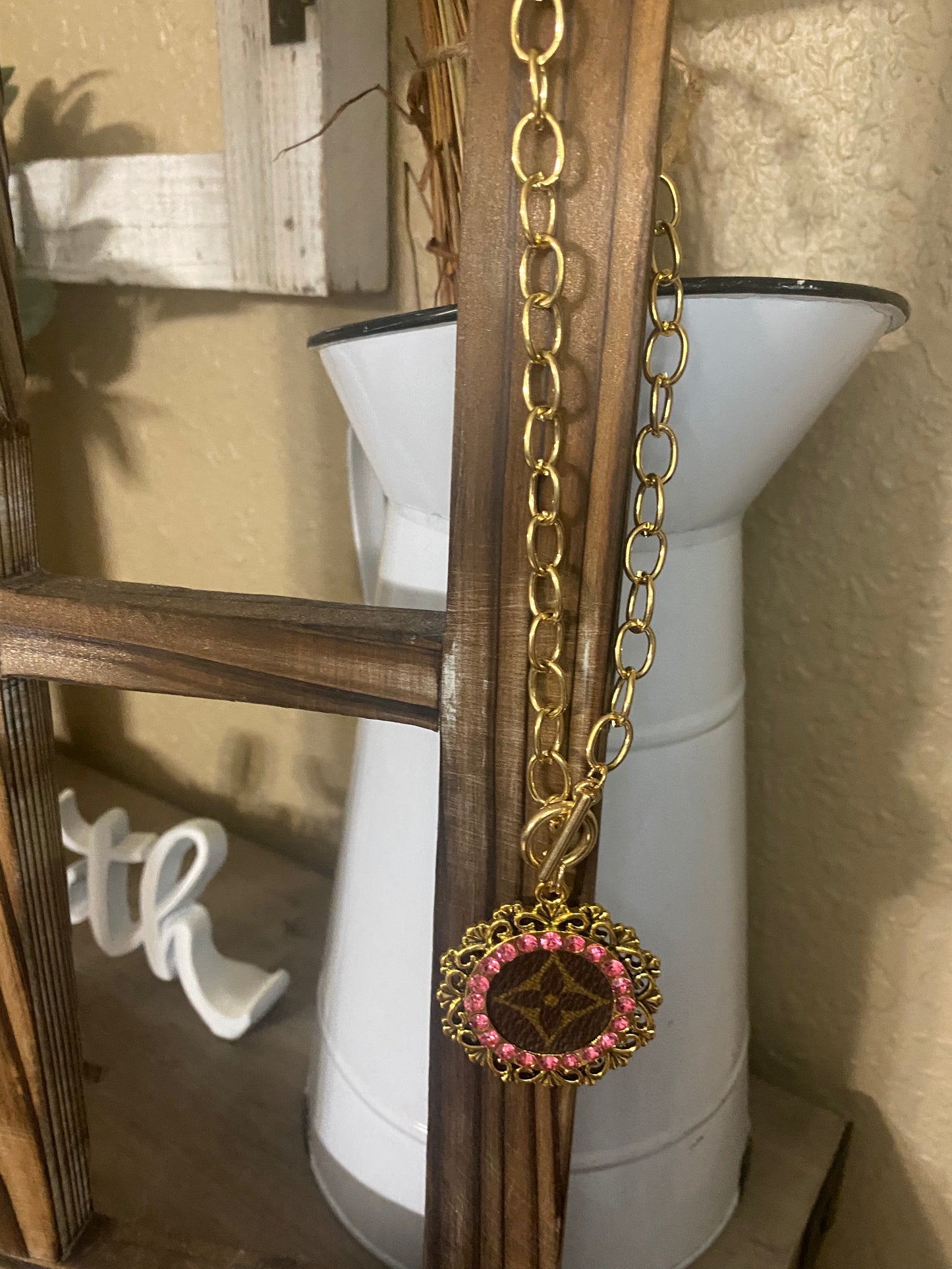 Upcycled LV Gold Toggle Pink Crystal Necklace