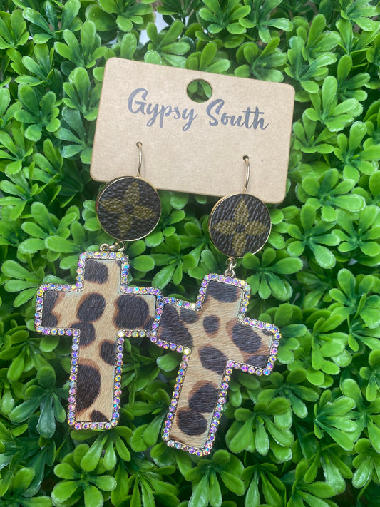 Upcycled LV Leopard cross Sparkle Dangle Earrings