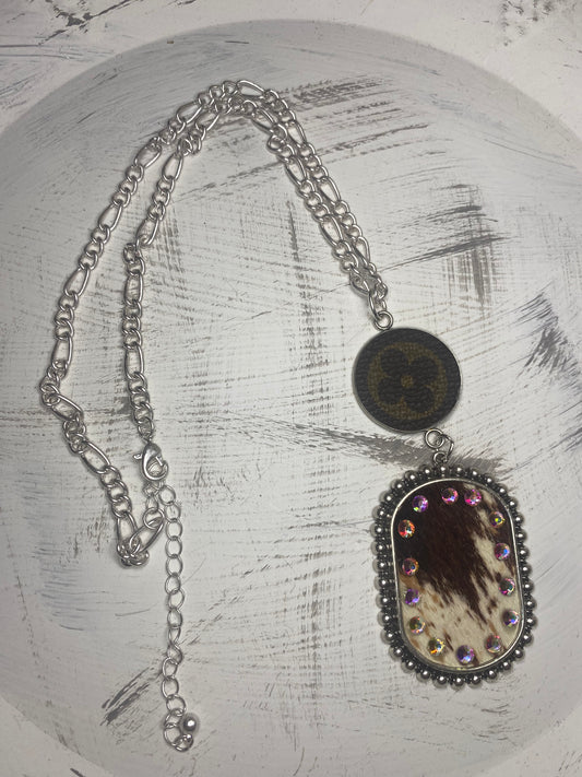 Upcycled LV Cow Charm Silver Necklace