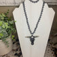 Grey Natural Stone Necklace with Bling Steer-head