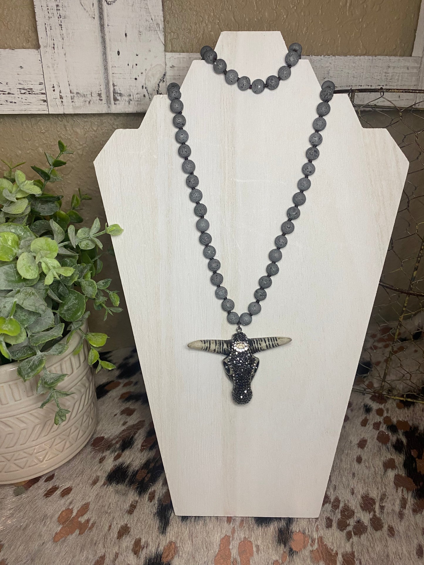 Grey Natural Stone Necklace with Bling Steer-head