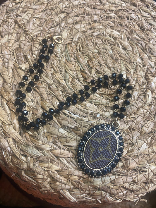 Upcycled LV Black Stone Beaded Necklace