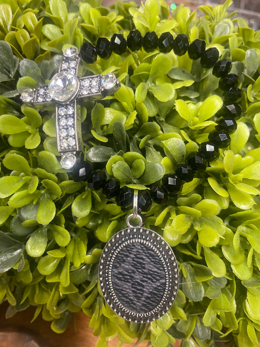 Upcycled LV Black Silver Cross Bracelet