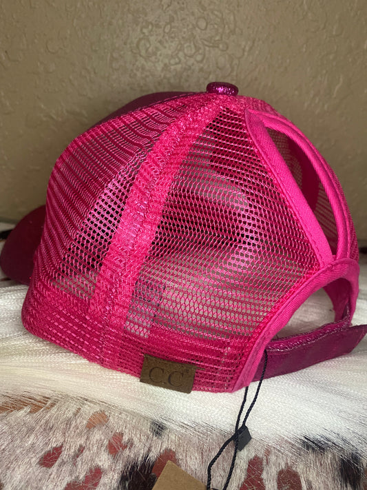 Upcycled LV Ponytail Hat- Pink Glitter