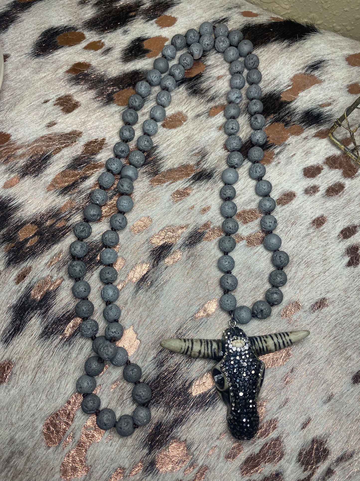 Grey Natural Stone Necklace with Bling Steer-head