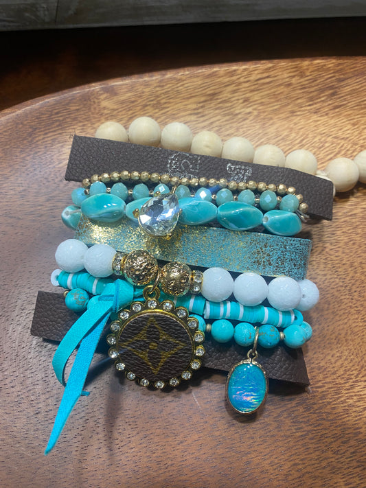 Upcycled LV Teal Bracelet Stack