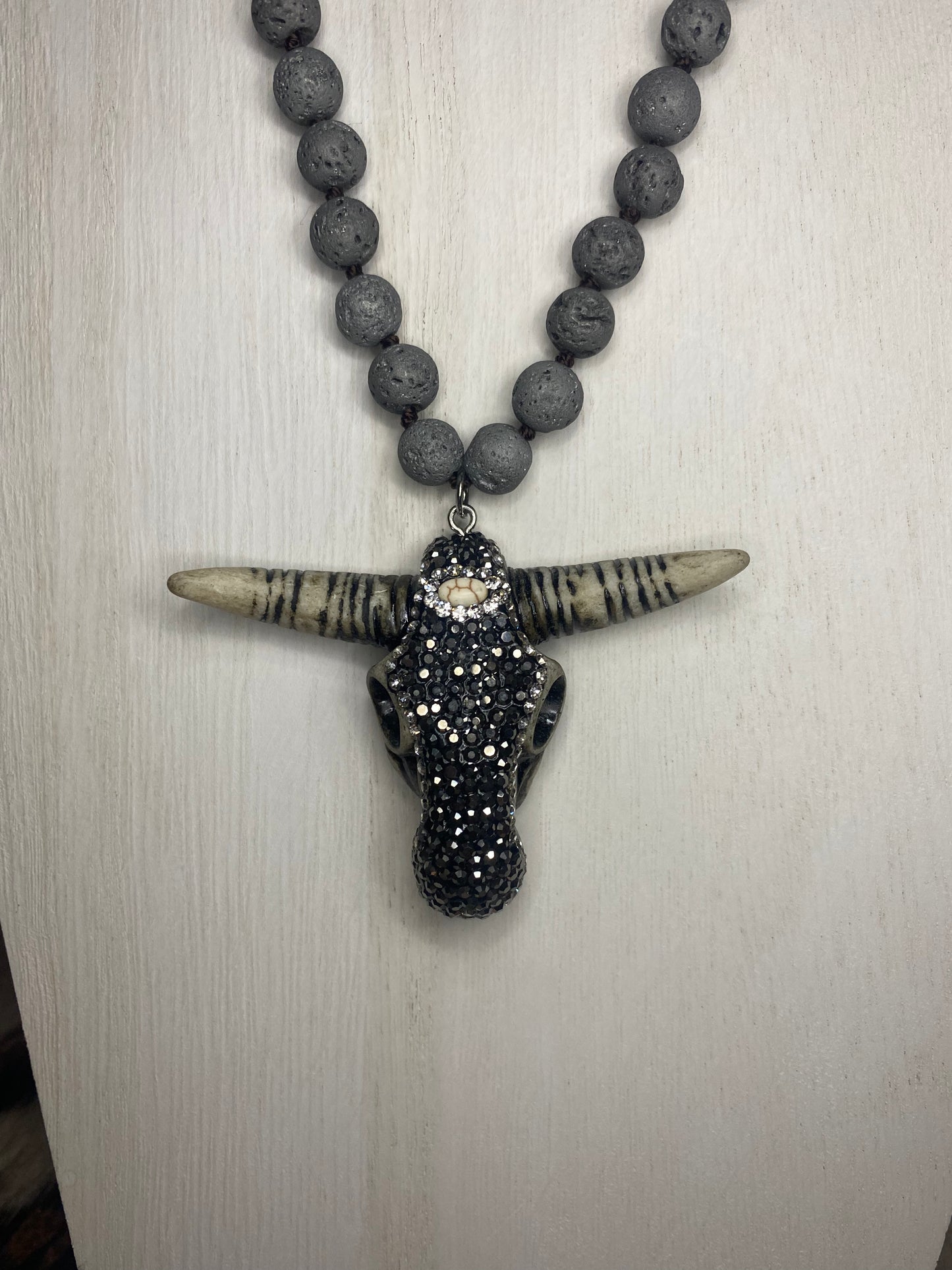 Grey Natural Stone Necklace with Bling Steer-head