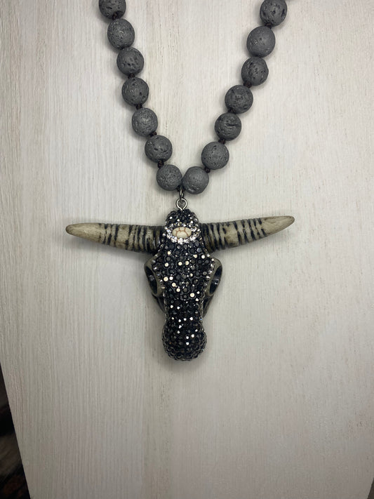 Grey Natural Stone Necklace with Bling Steer-head