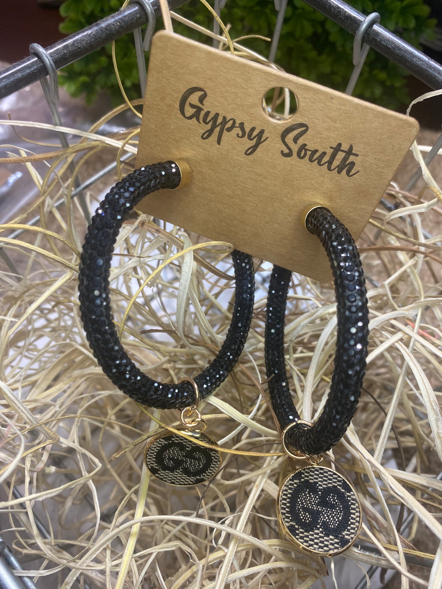 Upcycled GG Black Sparkler Hoop Earrings