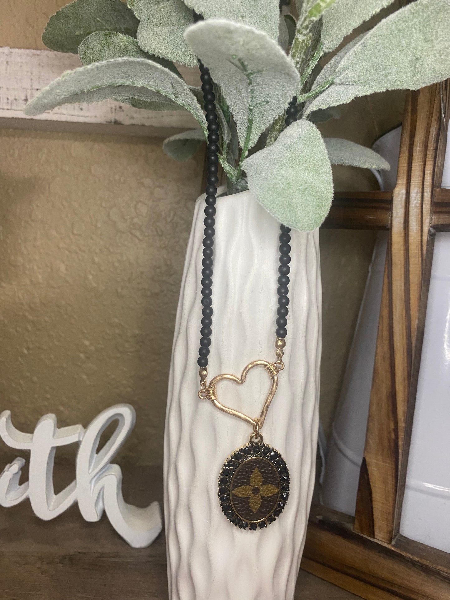 Upcycled LV Heart on Black Bead Necklace